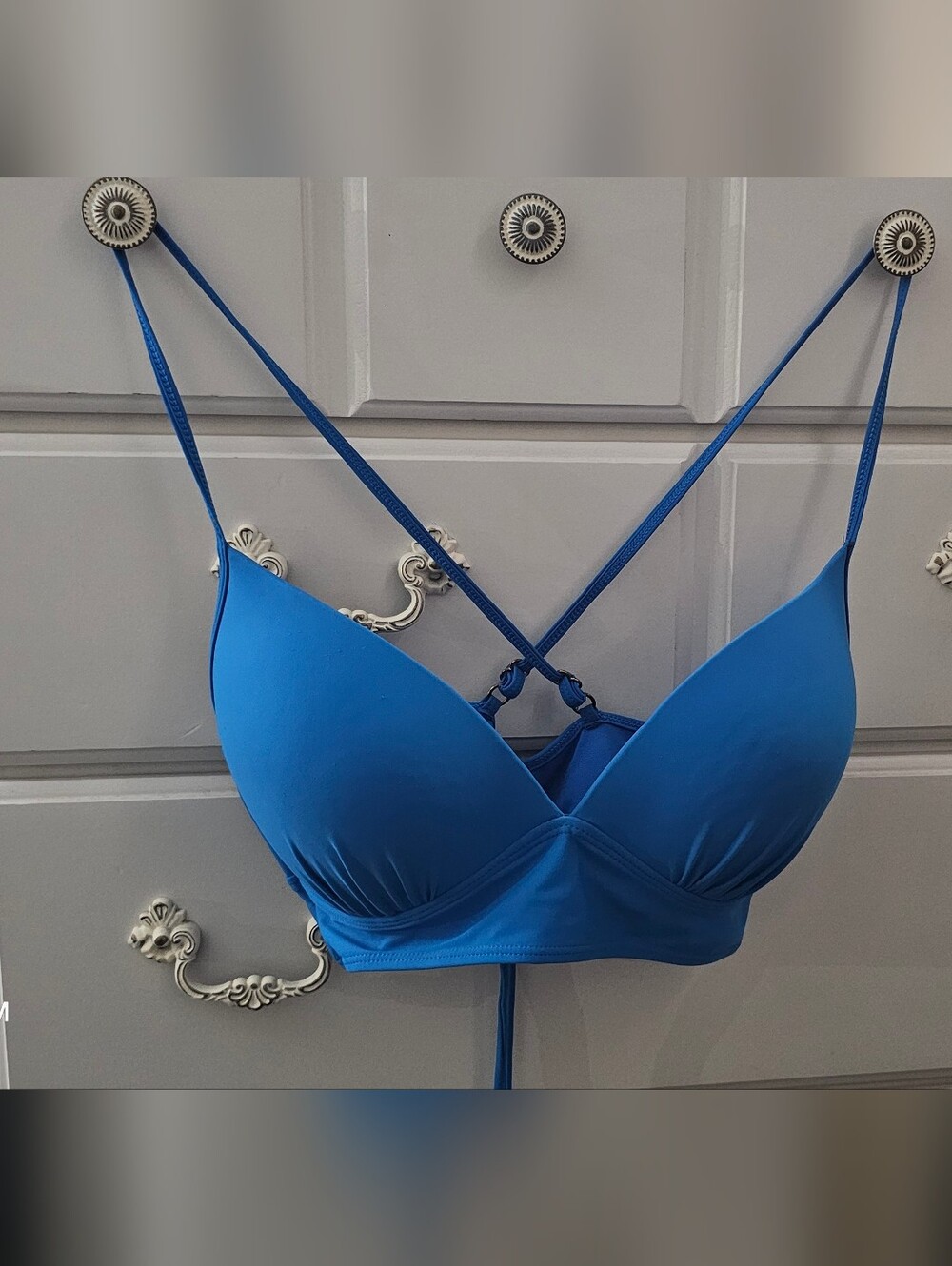 Blue Padded Bikini Top with Crisscross Straps